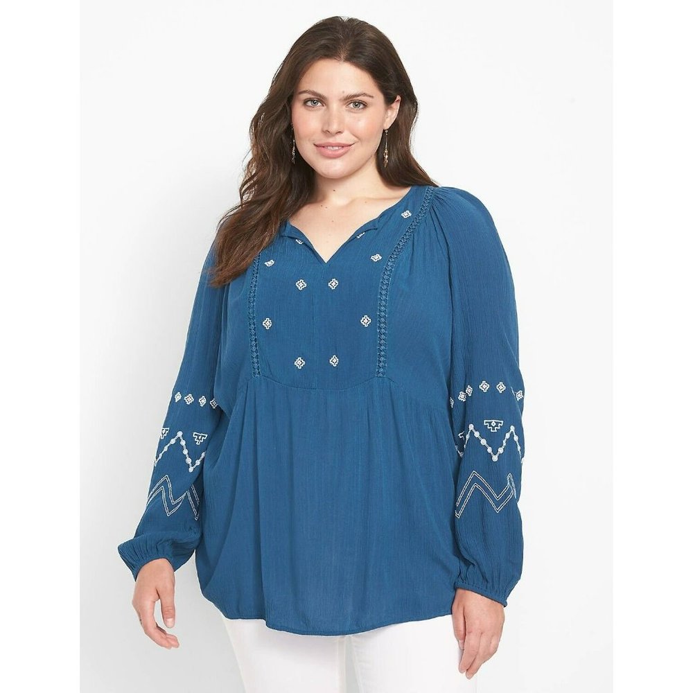 NWT Lane Bryant 14 Classic Split-Neck  Embroidered Peasant Tunic Top Retail $59